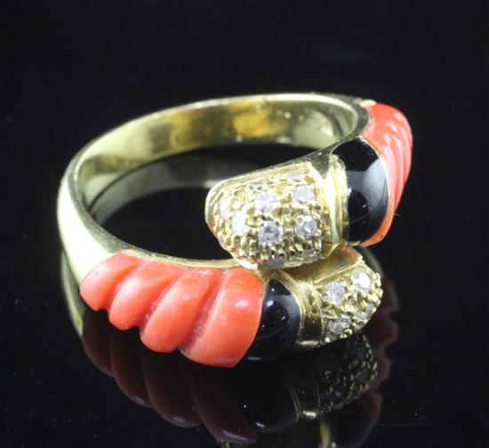 An Italian gold, coral, black enamel and diamond crossover ring, size M.